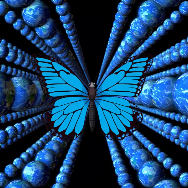 Electric blue butterfly at the center of a cosmic tunnel of blue worlds