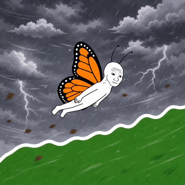 Wojak with orange monarch butterfly wings flying through a storm above a green landscape